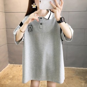 스타일아유 여성 여자 오버핏 박시 5부 카라 반팔 티셔츠 테데베어 프린팅 루즈핏 봄 여름 단추 카라티 롱 반팔티 데일리 캐주얼 룩