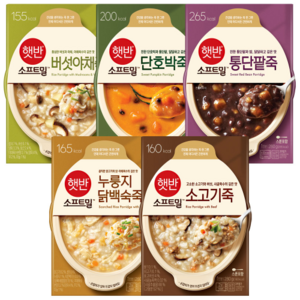 CJ제일제당 비비고 죽 280g 5종 혼합 야채죽1+통단팥죽1+닭백숙죽1+단호박죽1+소고기죽1, 1개