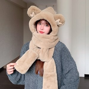 코믈리 곰돌이 후드머플러 귀달이모자 목도리 모자 3IN1