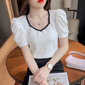 AOKADA 퍼프 반팔 셔츠 여성 슬림 스퀘어넥 플리츠 여름 블라우스