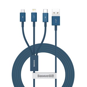 Baseus 호환 충전용케이블 멀티충전기 Baseus-3in1 USB 케이블 폰 13 12 X 11 프로 맥스 삼성 S20 샤오미 헬퍼 Mi 9 용 3.5A 마이크로 c타입 고속, [01] Blue, 1.5m, 1개