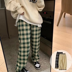 블루코지 여자 기모 체크 바지 와이드 팬츠 겨울 양털