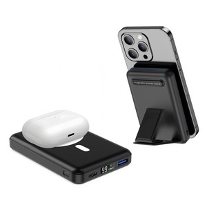 Podou 맥세이프 무선 고속충전 10000mAh 보조배터리 대용량 PD22.5W 거치대, 블랙