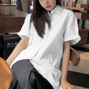 라라홀리 베이직 오버핏 스쿨룩 무지 반팔 롱 셔츠