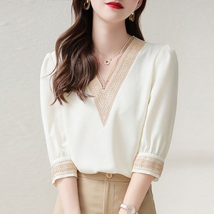 데일로엔 여성 브이넥 쉬폰 레이스 블라우스