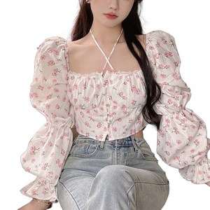 JUSTFEELING 88까지 퍼프 여성 티셔츠 긴팔티 봄 가을 밴딩 끈 크롭 블라우스