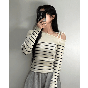 여성 스트라이프 원 숄더 리본 니트 티 [3color 슬림핏 단가라 오프숄더 골지 여자 긴팔 티셔츠 어깨 트임]