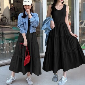 데일리앤 이올라 민소매 이너 레이어드 나시 플레어 캉캉 셔링 롱 바스락 원피스 봄 여름 가을