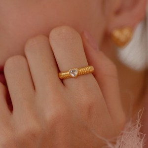 볼륨 도넛 하트 큐빅 반지(24k 도금)