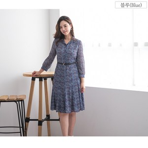 이헌영 중년여성 엄마 여름 카라넥 8부소매 나염무늬 시원한 쉬폰 원피스 카라비즈장식 앞 반오픈여밈 허리벨트 플라워패턴 블루계열 66 77 88사이즈