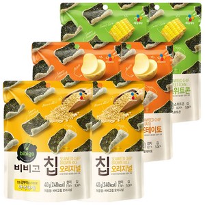 김부각 스낵 Cj 비비고 칩 3종세트(오리지널 포테이토 스위트콘)40g 각2개씩 총, 40g, 6개