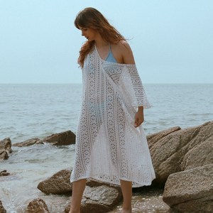 비치웨어 크로쉐 비키니 수영복 커버업 원피스, 화이트