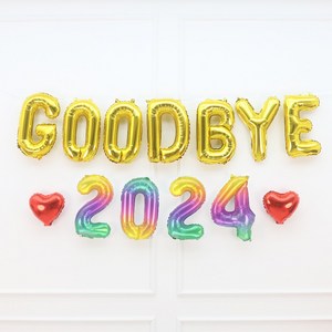 파티짱 GOODBYE 2024 하트 풍선 세트 새해 신년회 연말파티 해피뉴이어, 골드레인레드