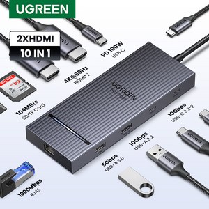 UGREEN 유그린 Revodok Po 10 in 1 USB C 도킹 스테이션 듀얼 4K@60Hz 디스플레이 USB C 멀티허브 10Gbps PD100W USB C 허브, 1개, Gey, CM886