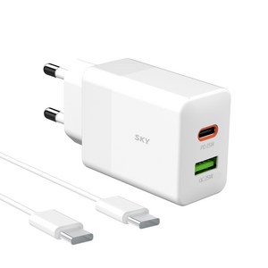 스카이 필 Q2S PD PPS 25W USB 듀얼 초고속 충전기 어댑터 + 고속 충전 케이블, 화이트, 1세트