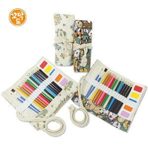 [꼬막동네] 두루마리 색연필 미술도구세트 고체물감 붓 포함 냥이파티 꽃나무, 냥파이티