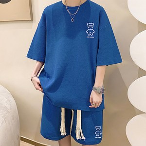 스몰더 남성 오버핏 베어 와플 반팔 트레이닝 세트 [1805]