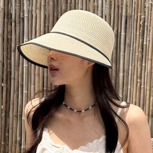 블루씨티 햇빛차단 베이럴 블랙 배색 밀짚 라탄 라피아햇 여름 챙 모자