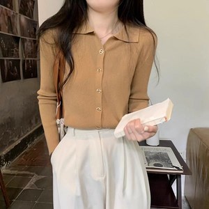 하모리 데일리 카라넥 골지 니트 티 금장 단추 오픈 클로징 V넥 가디건