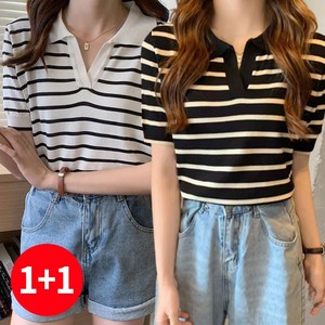 주디앤 하울 여성 스트라이프 카라 니트 반팔