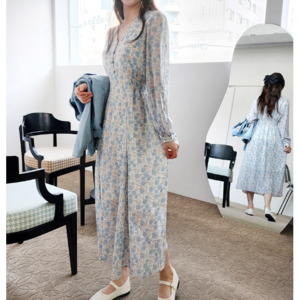 당일발송 일상화보 간절기 브이넥 버튼 쉬폰 플라워 롱원피스 애슐리