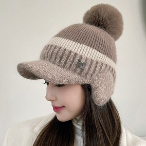 배색 귀달이 방울털모자 앙고라 니트 여성 겨울 귀마개 캡모자