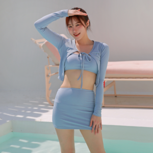 마르딩 여리여리 투피스 수영복 가디건 세트, 블루
