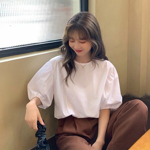 AOKADA 오버핏 퍼프소매 셔츠 여성 라운드 블라우스