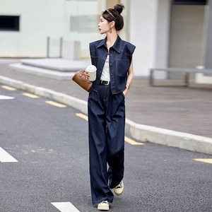 여성용여름신상 가볍고 모던한 데님조끼 세트디테일 스타일리쉬 와이드팬츠 투피스