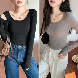 EGMI 여성 심플 U넥 슬림핏 긴팔티1+1