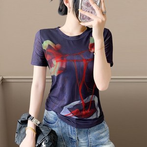 댄스복 상의 여성용 반팔 프린트 데일리 라운드 망사 슬림 스판 티셔츠+ Women's T-shirt