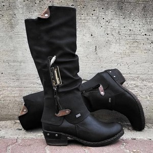 여성부츠 빈티지 영국 PU 가죽 부츠 로우 힐 지퍼 숙녀 패션 레트로 롱 부츠 Women Mid-Calf Boots 선미삭스부츠