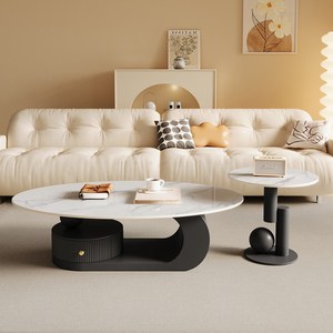 아비엘 북유럽 거실 테이블 쇼파 사이드 좌식 낮은 탁자 티 커피 소파 타원형 수납 세라믹 식탁, 7. 마블 화이트+블랙(세트)