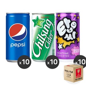 [막스] 혼합세트 190ml 30입(각10개씩) 미니 캔음료 음료수 캔사이다 캔콜라, 1세트, 14)펩시콜라10 칠성사이다10 탑씨포도10