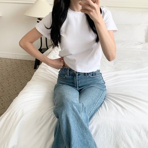 리파디 LIPADI 여성 베이직 라운드 크롭 반팔티 면스판 셔츠