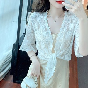 희연 꽃무늬 레이스 여름 7부 볼레로 미니 가디건