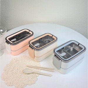 다담은 직장인 도시락통 전자레인지 보온 스텐 2단 샐러드 다이어트 소풍 런치박스, 핑크색도시락, 1개