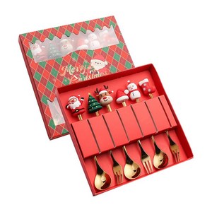 GHSHOP 6Pcs Xmas 칼붙이 키트 선물 상자가있는 스테인레스 스틸 디저트 스푼 포크 커트러리 세트 파티 레스토랑 용 크리스마스 스푼, 18.4cmx18.2cm, 스타일 A, 1개