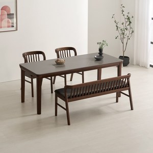 라로퍼니처 허그 1900 포세린 통 세라믹 6인 고무나무 원목 식탁 세트, 식탁+의자2+벤치1(그레이상판)