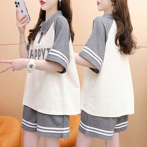zazx 여성 투피스 반팔티+반바지 여성 트레이닝 세트 여름 얇은 원단 빅 사이즈 학원풍 캐주얼한 헐렁헐렁한 스타일리시한 심플 통근의