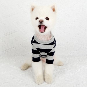럭키페터 베이직 스프라이프 강아지 옷 소형견 대형견 티셔츠 실내복 강아지 내복, 그레이/네이비