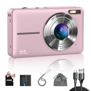 ZOSTUIC 디지털 카메라 2.4 inch 4400W HD 1080P 16X 줌 카메라 + 32GB 메모리 카드 손떨림 방지 컴팩트 카메라 소년 소녀 기념일 생일 크리스마스 선물, 분홍색