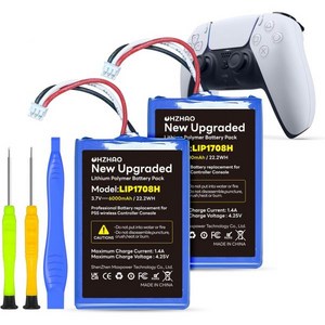 2팩 PS5 컨트롤러 6000mAh 배터리 소니 플레이스테이션 5 듀얼 센스 CFI-ZCT1W 게임패드용 LIP1708 3.7V 대용량 교체, 2팩 PS5 컨트롤러 6000mAh 배터리 소니 플레이