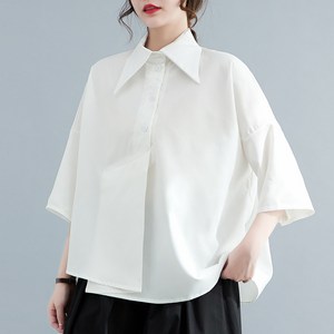 POMTOR 여성셔츠 루즈핏 반팔블라우스 언발 7부 bf 여성블라우스 오버핏셔츠
