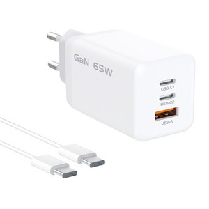 isee아이시 GaN PD3.0 PPS 65W 초고속 미니 3포트 멀티충전기+초고속 C to C케이블1.5m, 1세트, 화이트