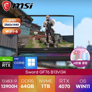 MSI 노트북 Sword GF76 B13VGK-i9-3900H QHD 17인치 윈도우 11 프로 탑재 msi 노트북 고성능 게이밍 노트북, MSI 노트북 Sword GF76 B13VGK, WIN11 Pro, 64GB, 1TB, 코어i9, balck