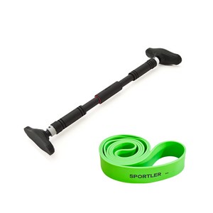 바디크루 문틀 철봉 가정용 턱걸이 운동 + 풀업밴드 세트, 블랙(문틀철봉), 4단계 네온그린(밴드)