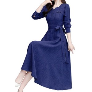 여성 라운드넥 긴소매 옆리본 롱 원피스