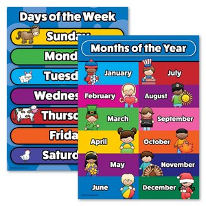 Days of The Week & Months of The Yea Poste Chat Set - Lamina 요일 및 올해의 달 포스터 차트 세트 - 적층 - 양면(18x24, 1개, Multicolo