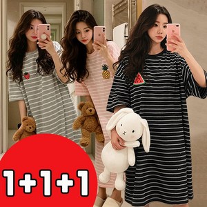 [1+1+1] 시즈올 스트라이프 홈웨어 원피스 여성 빅사이즈 반팔 잠옷 임산부 파자마